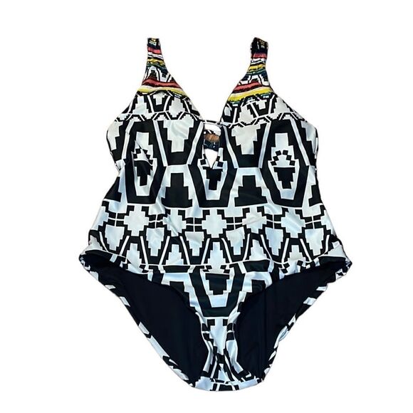 Becca Tribal Primitive Print Black White 1 piece swimsuit, bathing, tank, Large - Picture 1 of 10